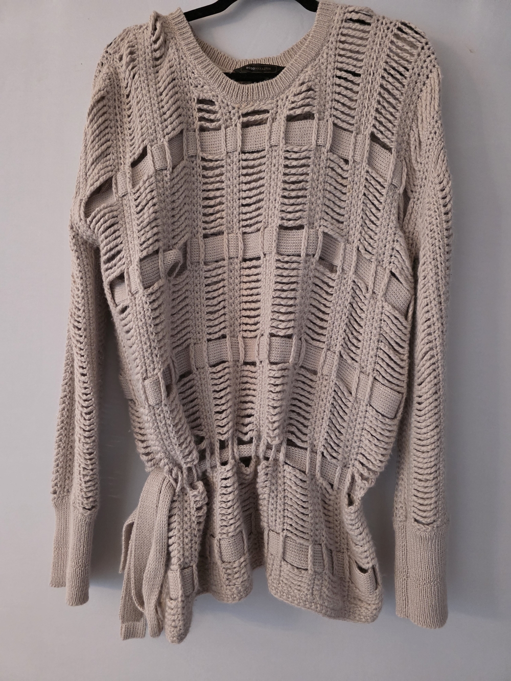 BCBGMaxAzria Beige Open-Knit Crewneck Sweater with Drawstring
